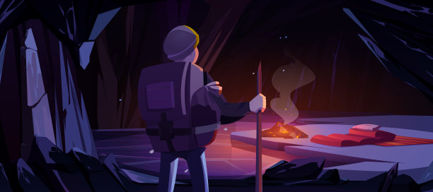 有营火和床的登山冰洞徒步者图片下载