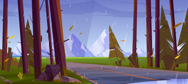 雨落在有路和山的森林里图片下载