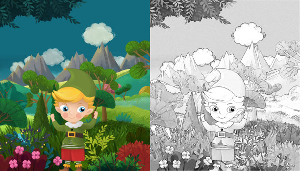 卡通快乐的童话场景自然森林和有趣的精灵和小品图片下载