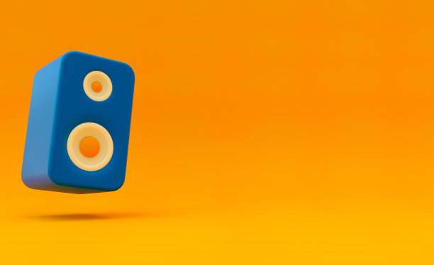 橙色背景的蓝色音乐扬声器。极简主义的概念。三维渲染图片下载