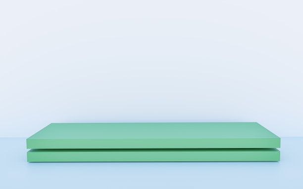 浅柔和的蓝色背景与讲台和最小的墙壁场景，讲台最小的背景抽象形状绿色粉彩。舞台3d产品在平台现代平台，3d插图。图片下载
