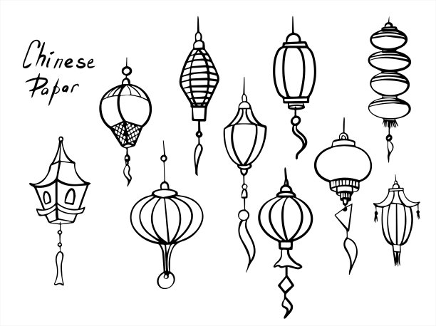 中国纸灯笼涂鸦矢量集。平面图标的东方装饰中国文化。亚洲庆祝节日装饰插图。手绘传统灯孤立在白色背景上图片下载