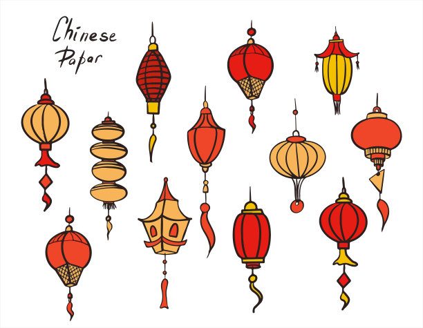 中国纸灯笼涂鸦矢量集。平面彩色图标，东方装饰中国文化。亚洲庆祝节日装饰插图。手绘传统灯孤立在白色背景上图片下载