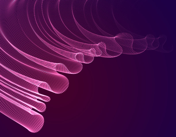 三维魔术粒子网格阵列在黑暗，声波流动，透明薄纱纺织品上的风。圆点矢量效果说明。混合网格，平静放松的壁纸。图片下载