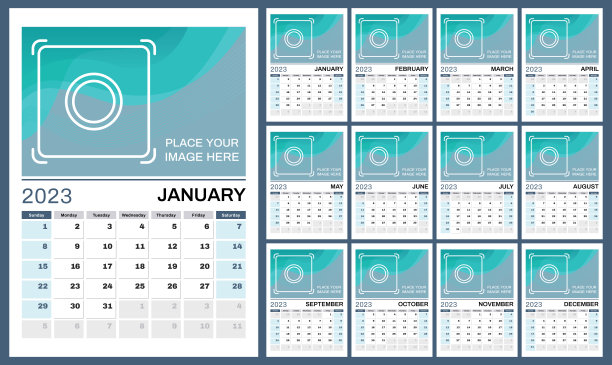 一套12垂直日历页为2023蓝色和灰色阴影与地方的照片。矢量设计模板。一周从周日开始。图片下载