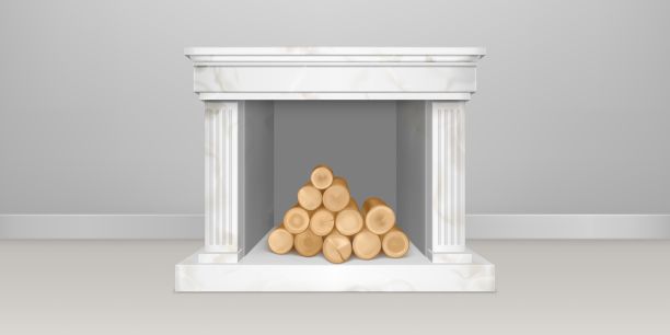 白色大理石壁炉和原木堆图片下载