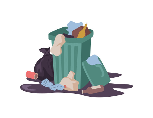 环境污染和污染问题。矢量隔离满溢的垃圾桶与塑料垃圾。生态有害影响和自然危害，垃圾箱带瓶子，平面卡通图片下载
