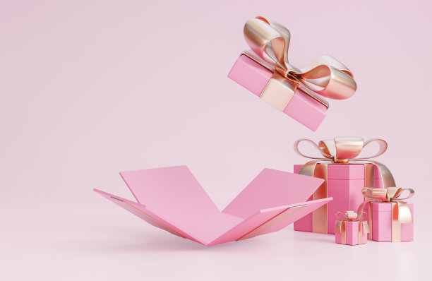 快乐的情人节横幅与打开的粉红色礼盒和浪漫的情人节装饰在粉红色的背景。，三维模型和插图。素材图片
