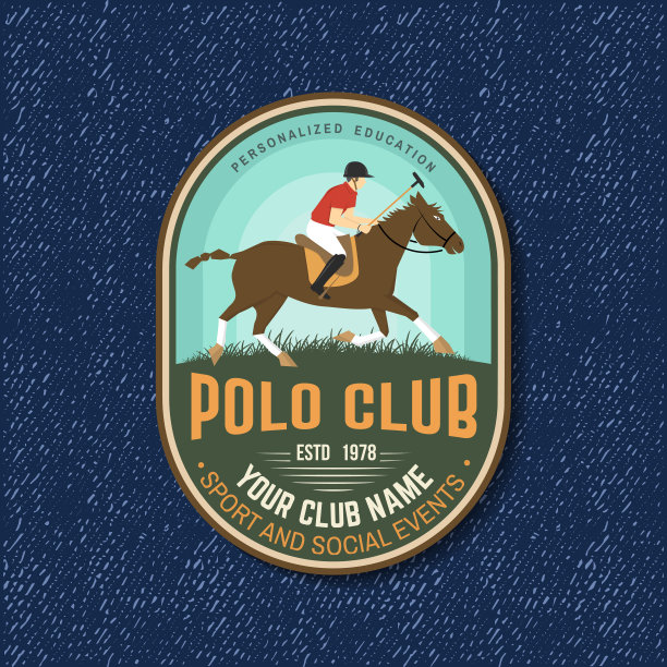 马球会运动徽章、标牌、会徽、标志。矢量插图。彩色马球标签，贴纸与骑手和马的轮廓。马球俱乐部比赛马术运动。图片下载