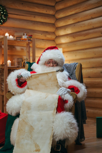 疲惫的圣诞老人坐在办公室的扶手椅上，看着手中的纸卷，他身后的书架上放着蜡烛图片下载