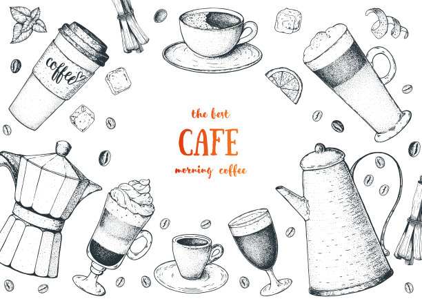 咖啡杯，咖啡豆和咖啡壶插图。咖啡馆的复古设计。刻矢量插图。图片下载
