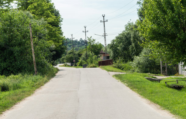 乡村小路和明媚的春日。柏油路穿过村庄图片下载