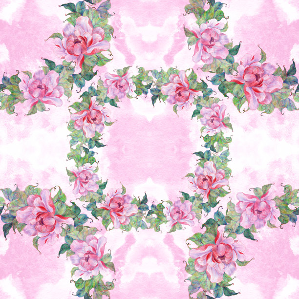 无缝模式。粉红色牡丹，带叶。在水彩背景上的花，叶和芽的拼贴。在水彩画的背景上画出中国画风格的花。图片下载