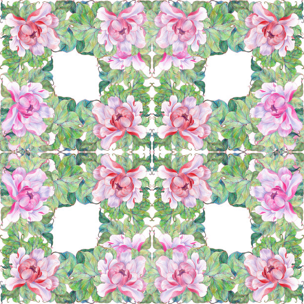 无缝模式。粉红色牡丹，带叶。在水彩背景上的花，叶和芽的拼贴。在水彩画的背景上画出中国画风格的花。图片下载