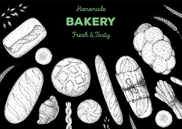 面包店草图。说明不同的烘焙食品。手绘矢量插图。背景模板设计。食品雕刻的形象。手绘素描配面包、糕点、甜点。图片下载
