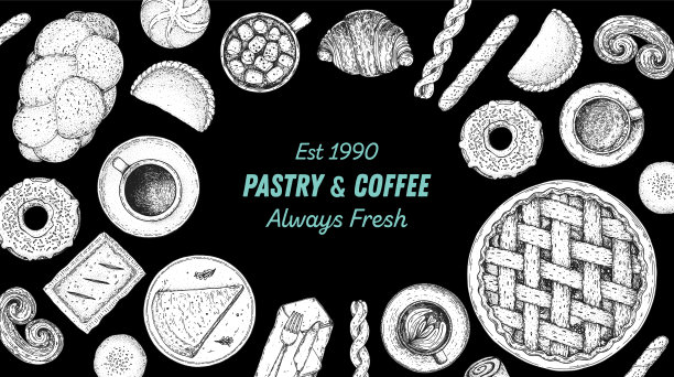 糕点和咖啡。咖啡厅的菜单。说明不同的烘焙食品。手绘矢量插图。面包店草图。背景模板设计。食品雕刻的形象。前视图。图片下载