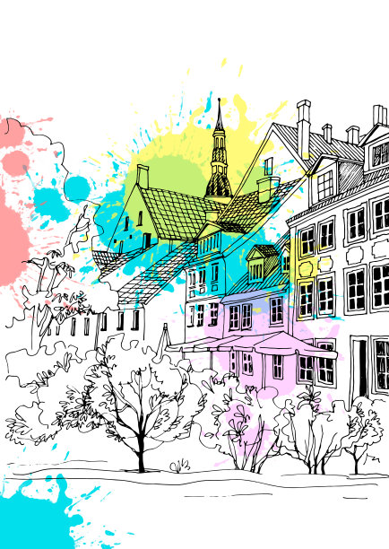 旧城街道手绘素描风格。里加,拉脱维亚。图片下载