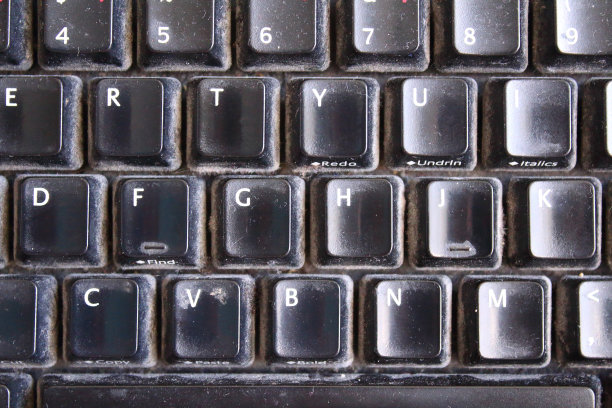 一个又旧又黑又脏的键盘。从以上观点。特写镜头。背景。纹理。图片下载