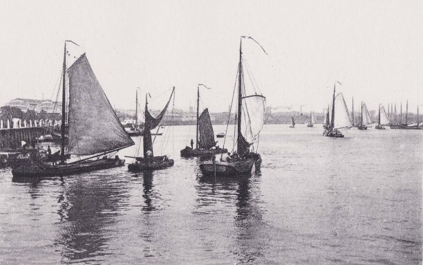 在荷兰的默兹河上航行的渔船(荷兰)1894年的古董照片图片下载