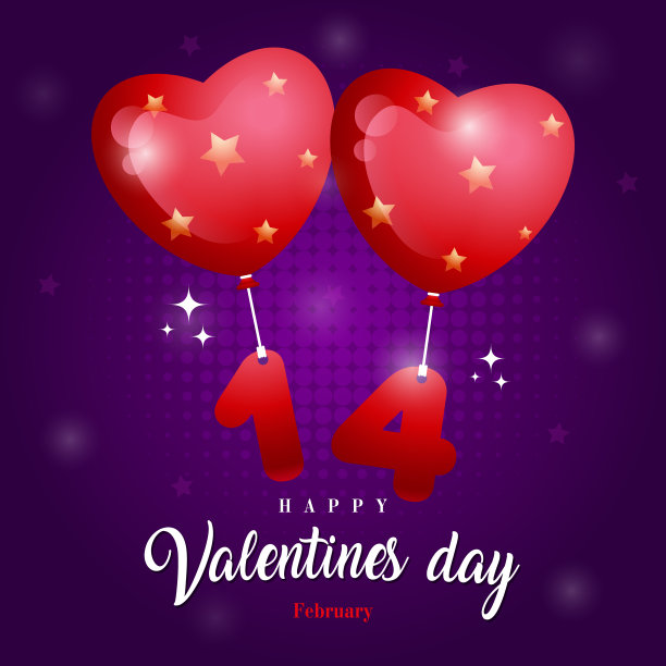 心形气球和紫色背景上的数字14。为一个正方形横幅或情人节快乐的节日邀请卡的概念图片下载