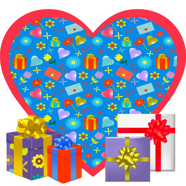 一颗画着情人节礼物和礼品盒的节日心。情人节。图片下载