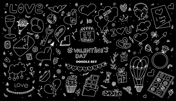 大涂鸦一组图标为情人节。矢量插图的节日在2月14日。手绘浪漫，婚礼，约会，邀请，贺卡，爱情集。横幅、销售、应用程序或广告的图标图片下载
