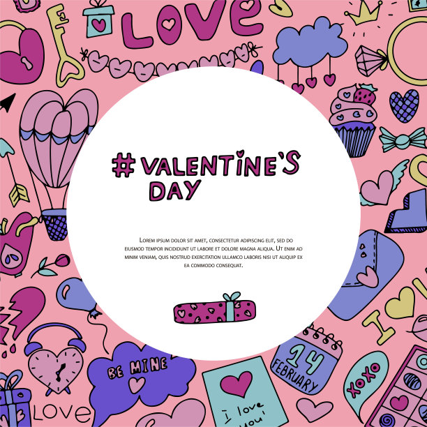 为情人节涂鸦横幅。矢量彩色插图的节日在2月14日。手绘浪漫，婚礼，约会，邀请，贺卡，爱情集。横幅、销售、应用程序或广告的图标图片下载