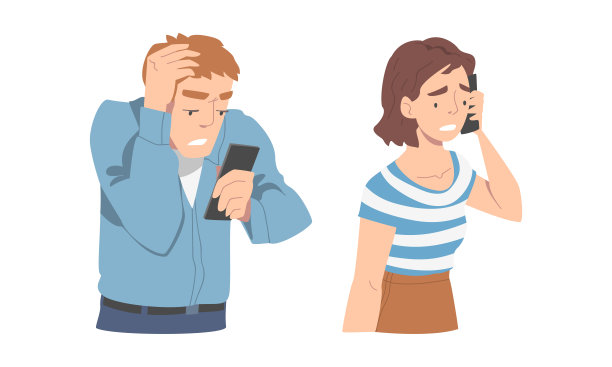 失望坏消息男人和女人角色说话和阅读信息在智能手机矢量插图集图片下载