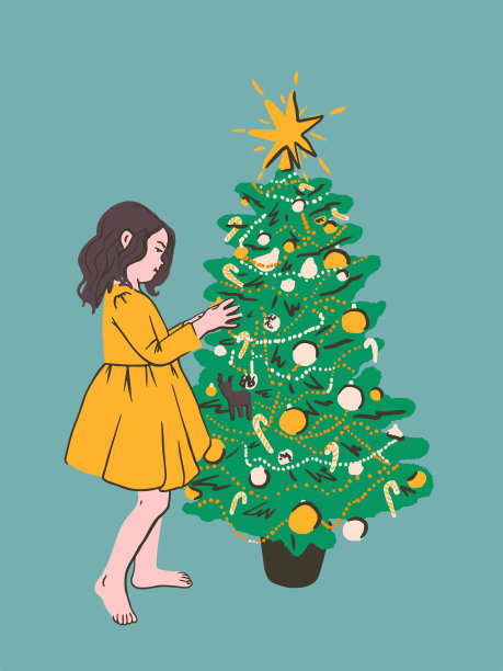 可爱的孩子用装饰品装饰圣诞树。穿着公主裙的年轻女孩。圣诞节或新年的庆祝概念。节日贺卡。平面矢量插图，用于卡片，海报，网页图片下载