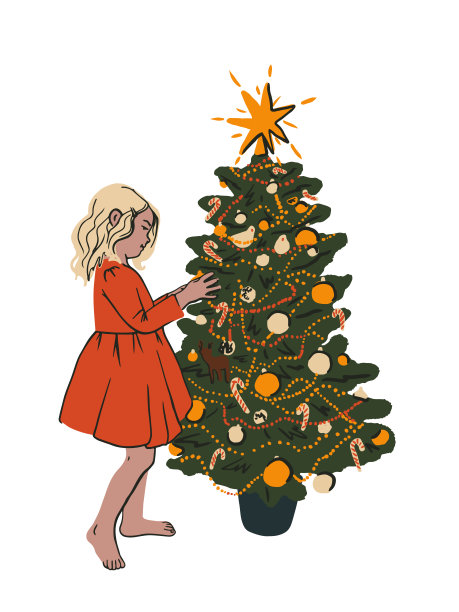 可爱的孩子用装饰品装饰圣诞树。穿着公主裙的年轻女孩。圣诞节或新年的庆祝概念。节日贺卡。平面矢量插图，用于卡片，海报，网页图片下载