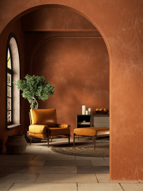 橙色波西米亚风格的室内与弧线和装饰。图片下载