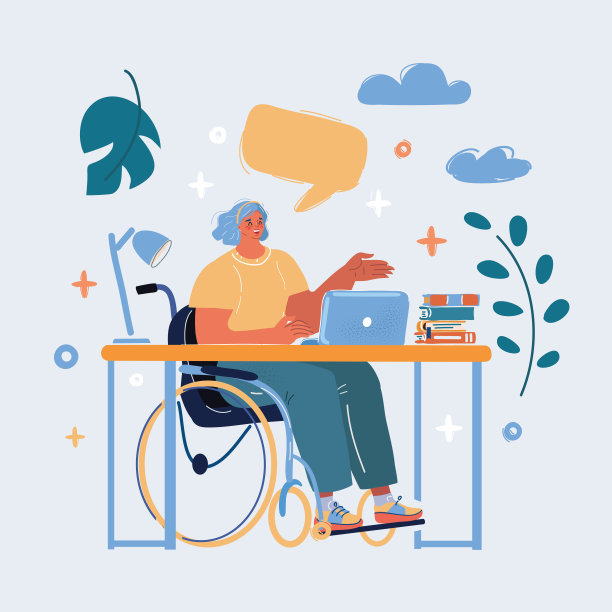 矢量插图残疾妇女在轮椅在办公室工作的电脑图片下载