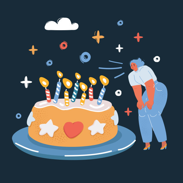 向量插图生日聚会大蛋糕吹灭蜡烛在黑暗的背景。图片下载