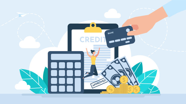 成功的贷款批准。快乐的女人收到了一张信用卡。贷款的比喻。按揭或信贷表格，并加盖印章。银行服务抽象概念。信用评级。平坦的插图。图片下载