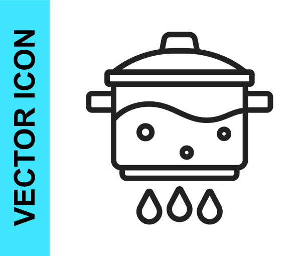 黑色线烹饪锅上的火图标孤立上图片下载