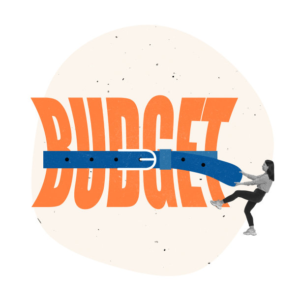 当代艺术拼贴。女商人用腰带紧缩预算，象征财政减少图片下载