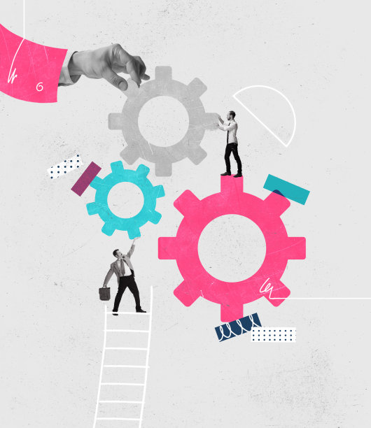 当代艺术拼贴人制作，连接齿轮象征团队合作，工作经验图片下载