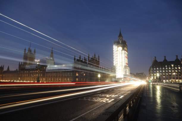 伦敦大本钟夜间交通红色巴士图片下载