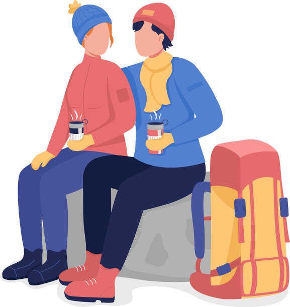 夫妇休息在冬季徒步半平坦的颜色图片下载