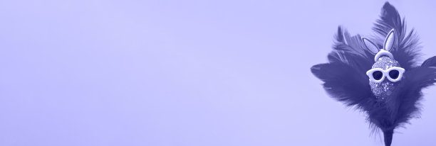 彩色鸡蛋与兔耳朵太阳镜，在红色羽毛上非常佩里的背景。快乐复活节推广横幅，模型模板。特写镜头图片下载