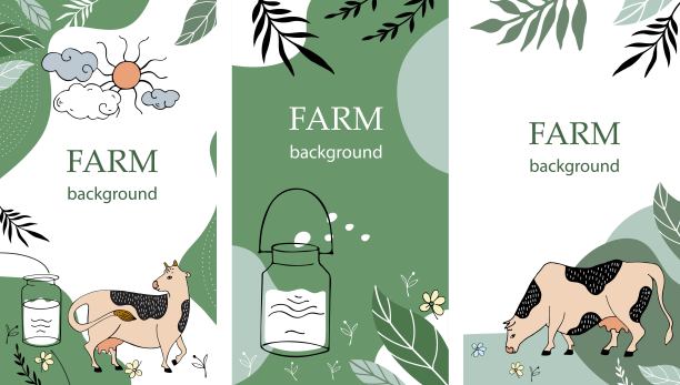 奶牛，牛奶罐，太阳，云彩和花。社交媒体模板。传单的背景。图片下载