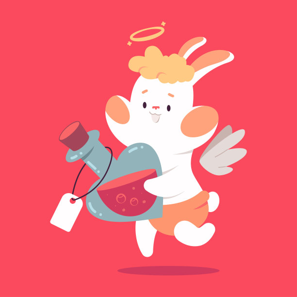 可爱的丘比特兔子与爱情药水矢量卡通情人节人物孤立的背景。图片下载