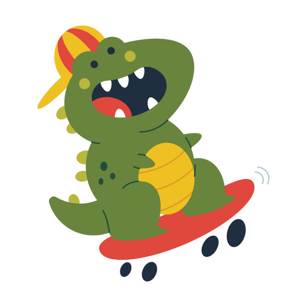 可爱的恐龙在滑板矢量卡通人物插图孤立在一个白色的背景。图片下载