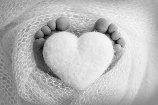 新生婴儿的小脚。婴儿柔软的脚在羊毛毯子里。新生儿的脚趾，脚跟和脚的特写。宝宝的腿上织着一颗心。微距摄影。黑色和白色。图片下载