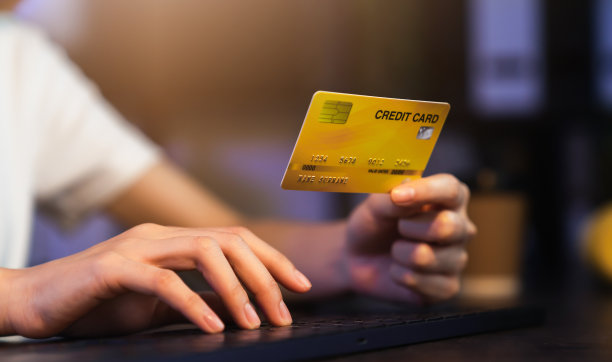 近的手握信用卡与支付在笔记本电脑在网上商店。图片下载