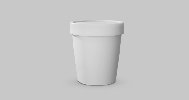 3D白色和黑色圆形容器冰淇淋，奶油或酸奶。透视视图孤立在灰色背景上。包装模型图像。图片下载