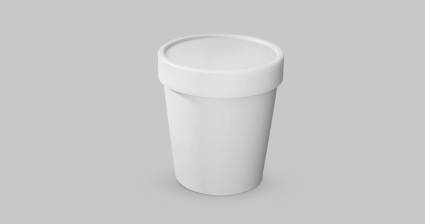 3D白色和黑色圆形容器冰淇淋，奶油或酸奶。透视视图孤立在灰色背景上。包装模型图像。图片下载