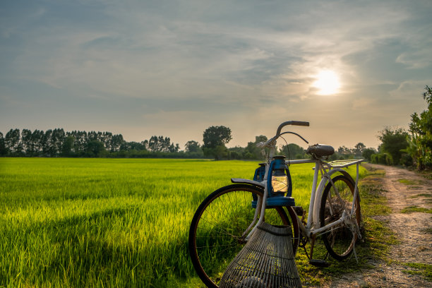日落背景下的老式自行车图片下载