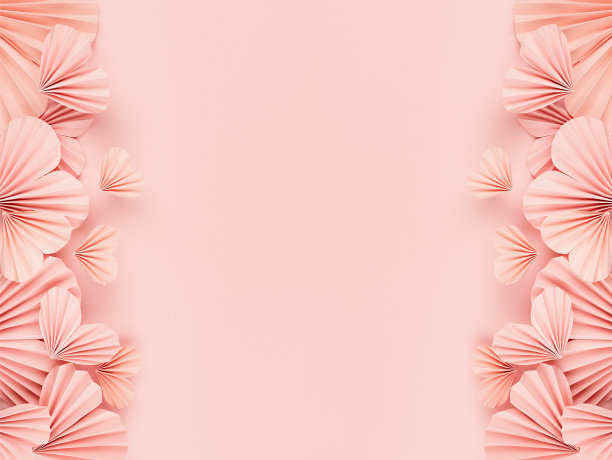优雅温柔的情人节背景与甜蜜的粉红色折纸心飞在柔和的淡粉色背景，横向边界，框架，复制空间，俯视图。图片下载