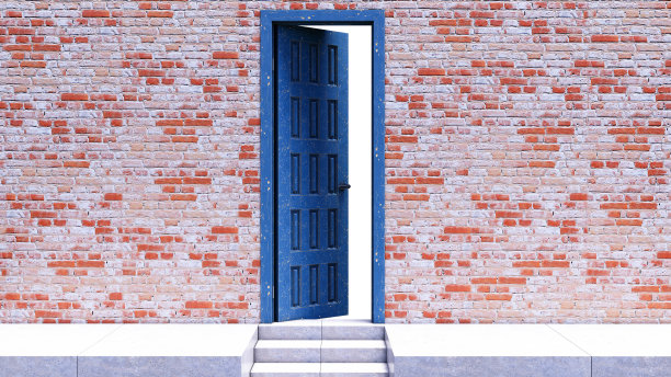 蓝色门在砖墙上打开的3d渲染，3d打开的门图片下载